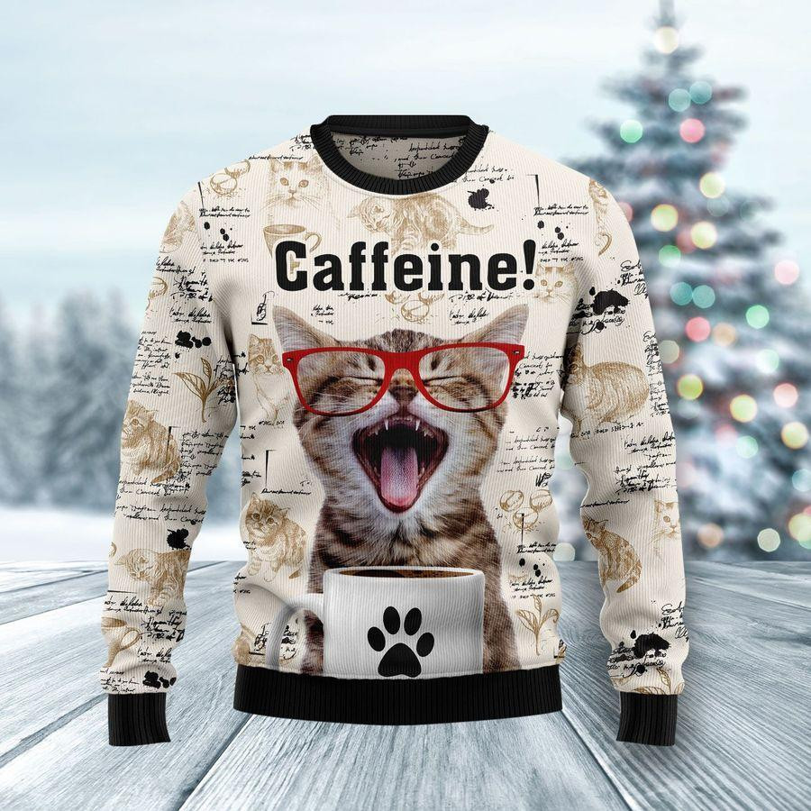 Cat Caffeine Ugly Christmas Sweater Adult 3D Funny Matching for family