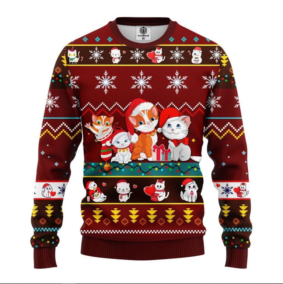 Cat Cartoon Cute Noel Mc Christmas Red Brown Ugly  3D Sweater