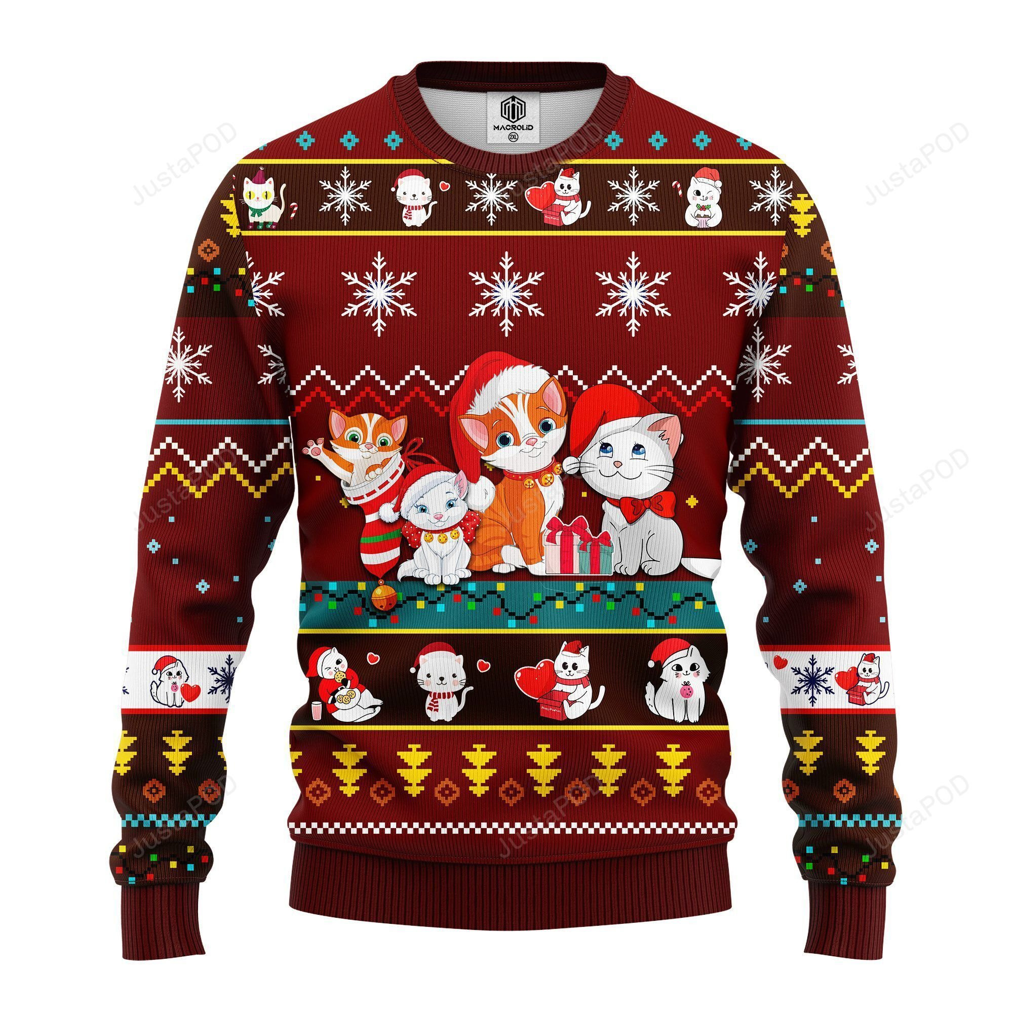 Cat Cartoon Cute Noel Mc Ugly Christmas Red Brown, Ugly Christmas Sweater Adult 3D Funny Matching for family