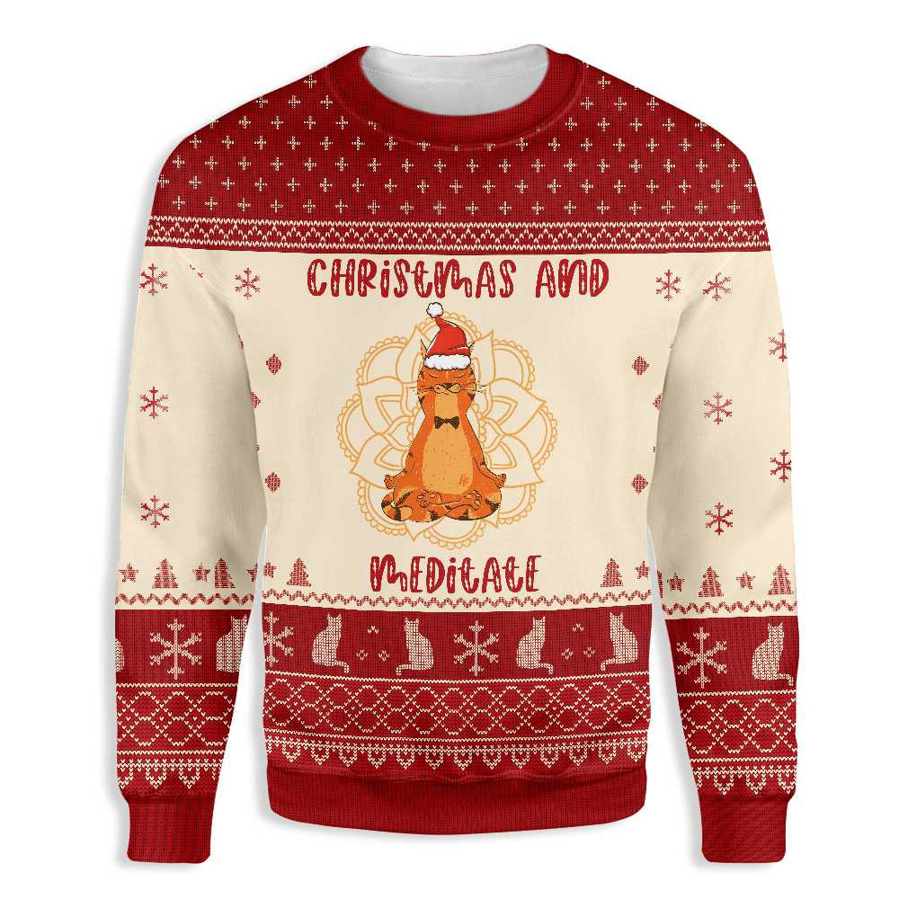 Cat Christmas And Meditate Ugly Christmas Sweater Adult 3D Funny Matching for family