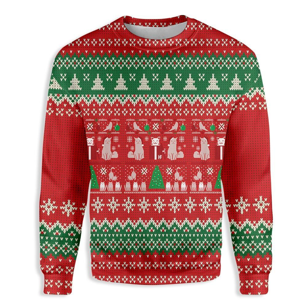 Cat Christmas Present Ugly Christmas Sweater Adult 3D Funny Matching for family
