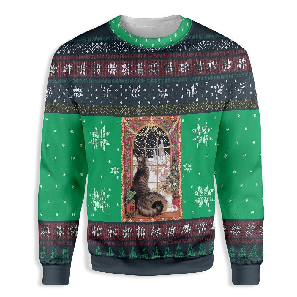 Cat Christmas Snow Window Ugly Christmas Sweater Adult 3D Funny Matching for family