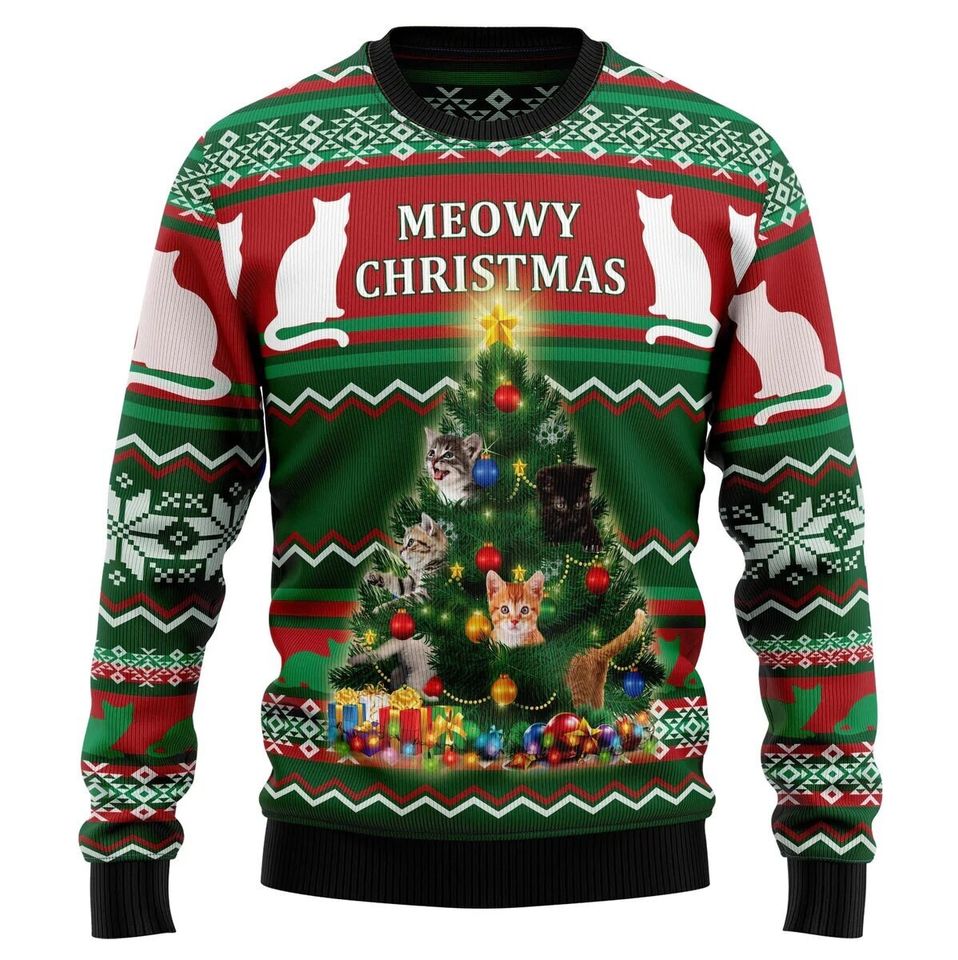 Cat Christmas Tree Ugly Knitted Christmas Sweater