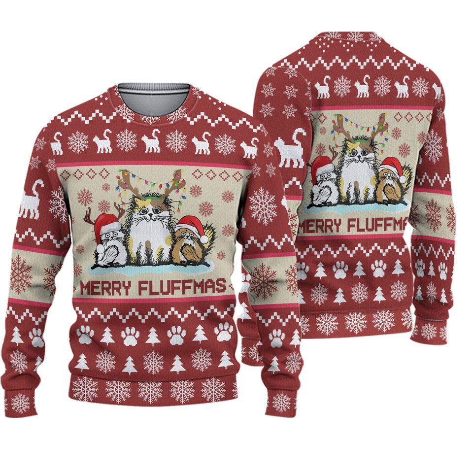 Cat Christmas Ugly Sweater, Merry Fluffmas Holiday Sweater, Cat Meowy Ugly Xmas Sweater