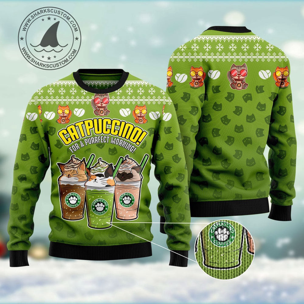 Cat Coffee Ugly Christmas Sweater Unisex Womens Mens Couples Matching Friends Funny Family Ugly Christmas Holiday Sweater Gifts
