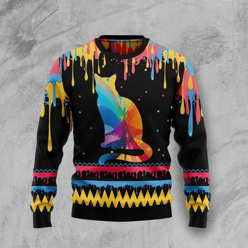 Cat Colorful Beauty Ugly Christmas Sweater Adult 3D Funny Matching for family