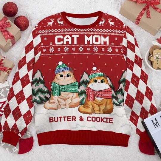 Cat Dad And Cat Mom Personalized Custom Unisex Ugly Christmas Sweatshirt - Image 4