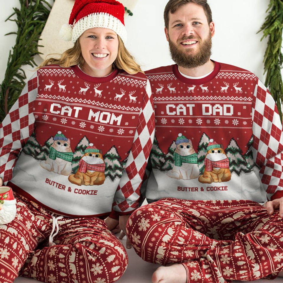 Cat Dad And Cat Mom Personalized Custom Unisex Ugly Christmas Sweatshirt - Image 3