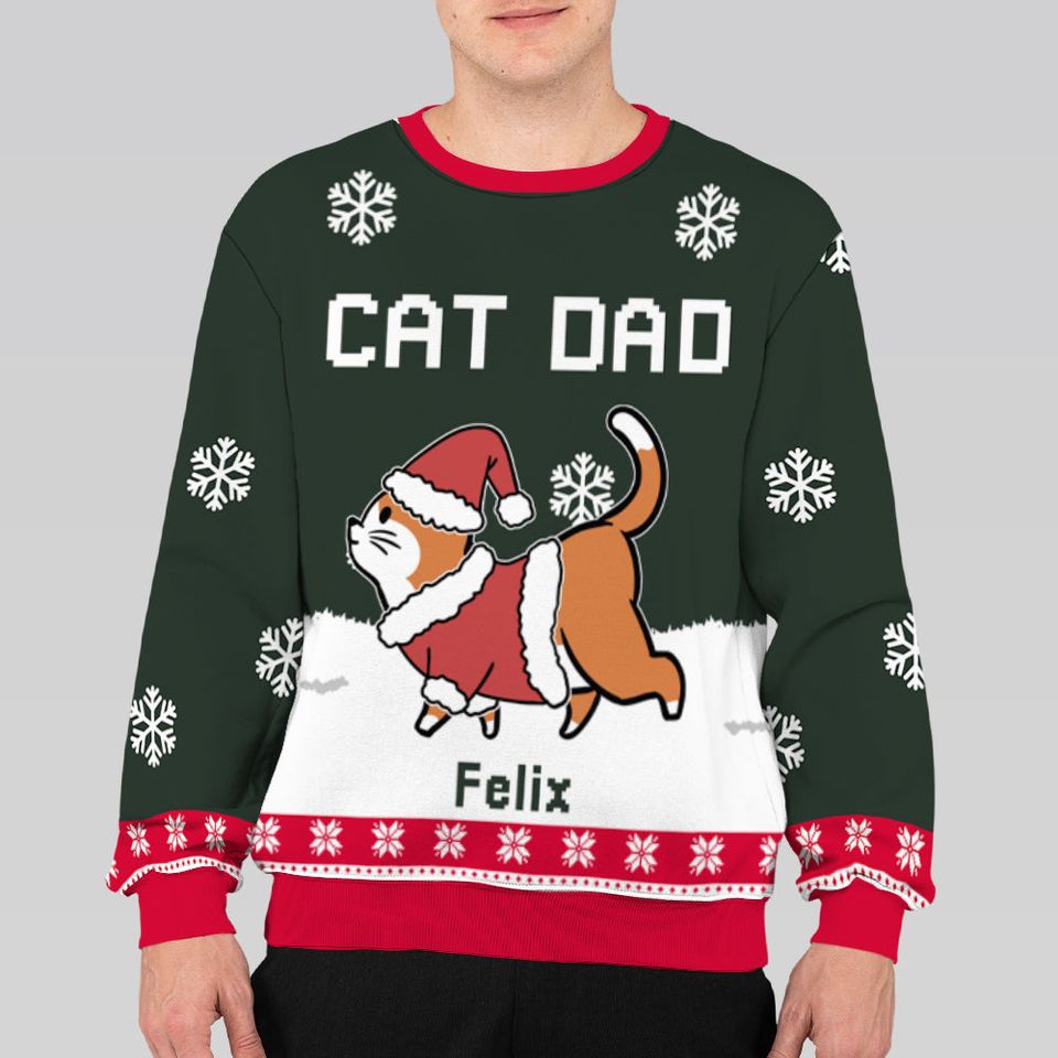 Cat Dad Mom Winter Personalized Custom Pet Parent Snowy Christmas Ugly Sweatshirt - Image 3