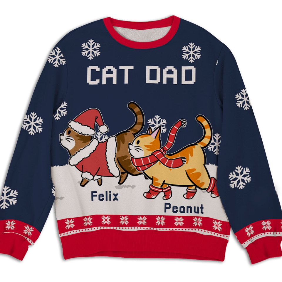 Cat Dad Mom Winter Personalized Custom Pet Parent Snowy Christmas Ugly Sweatshirt