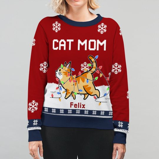 Cat Dad Mom Winter Personalized Custom Pet Parent Snowy Christmas Ugly Sweatshirt - Image 5
