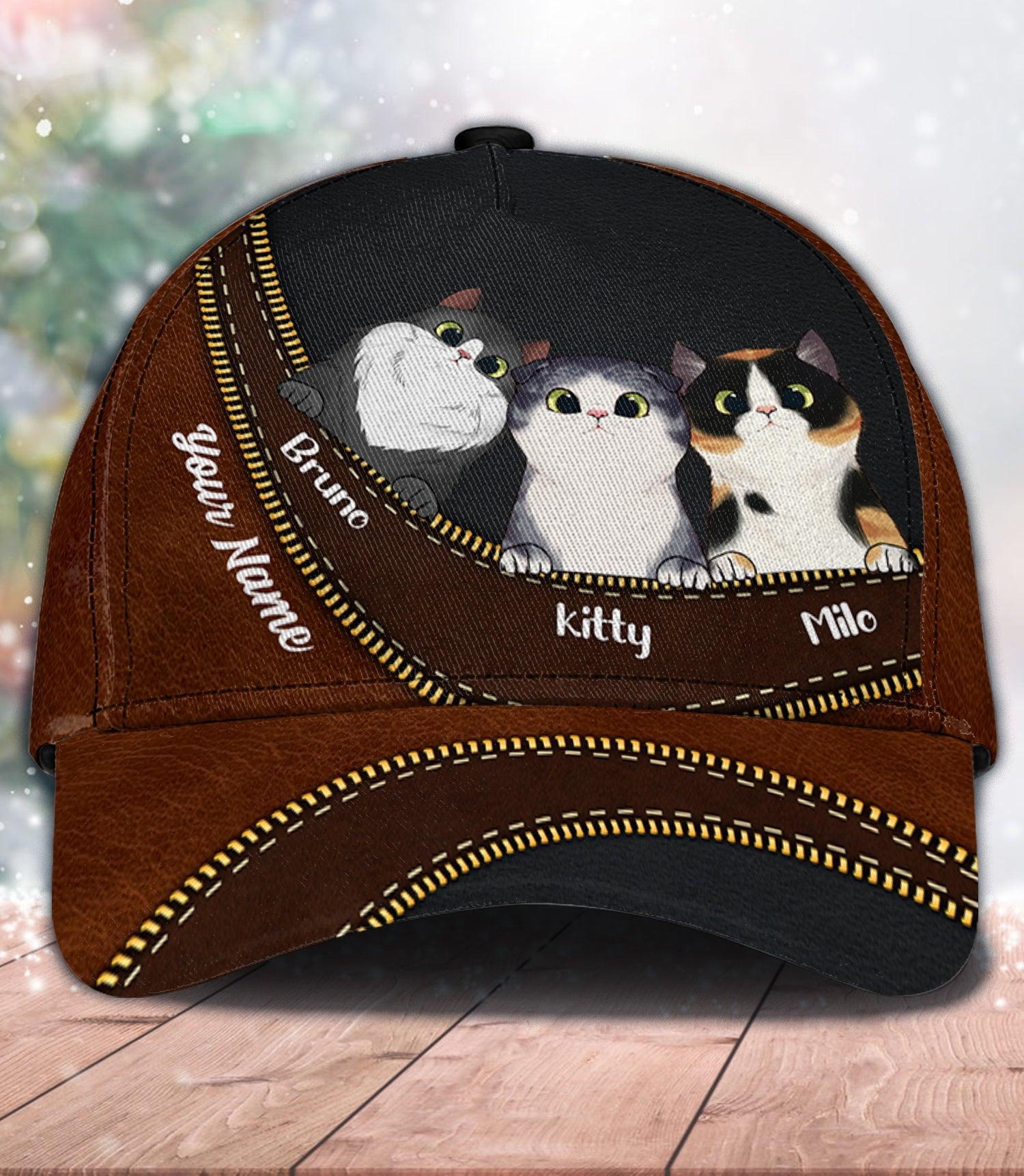 Cat Dark Brown Curve With Zippers Personalized Classic Cap, Personalized Gift for Cat Lovers, Cat Mom, Cat Dad Trucker Hats Custom Hats Gifts For Men & Women