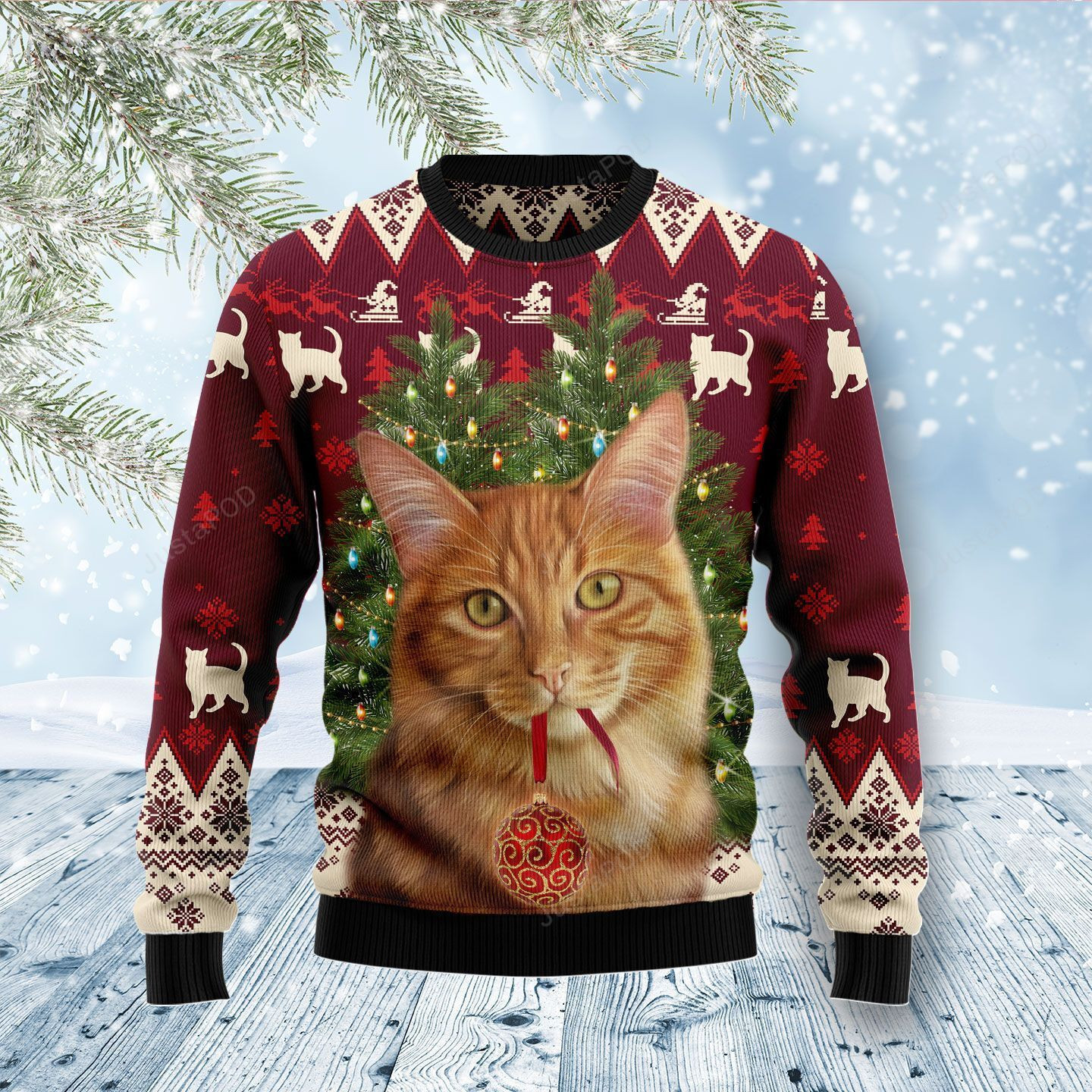 Cat Decor Pine Ugly Christmas Sweater Adult 3D Funny Matching for family