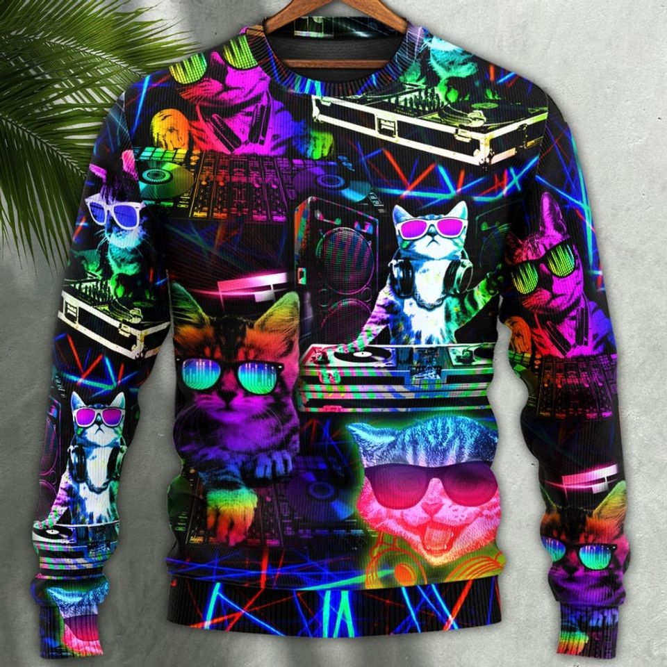 Cat DJ Cool Life Ugly Christmas Sweatshirt