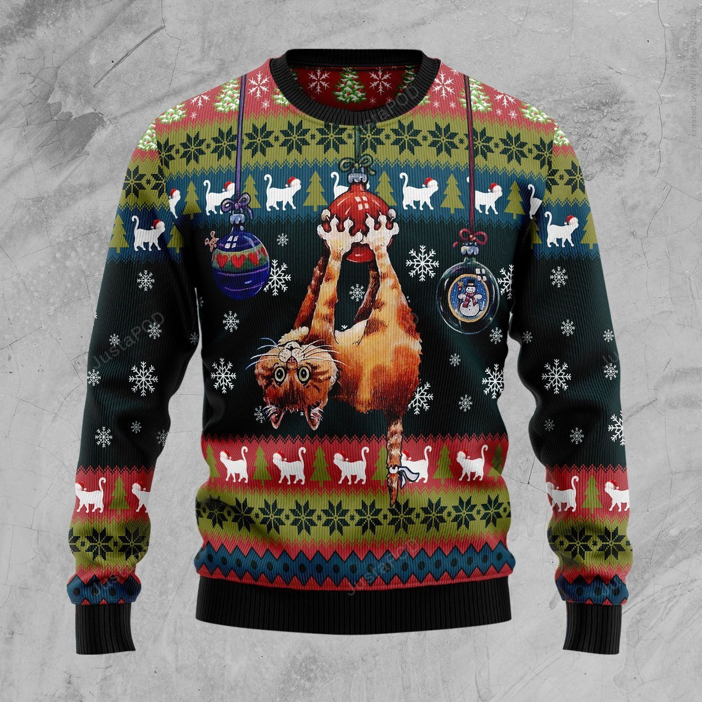 Cat Hanging On Xmas Ball Ugly Christmas Sweater Adult 3D Funny Matching for family