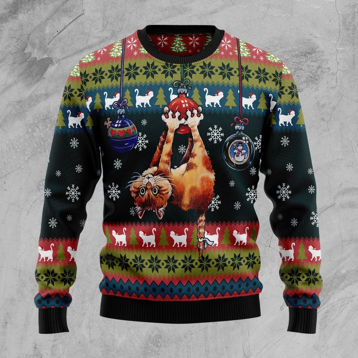 Cat Hanging On Xmas Tree Ugly Christmas Sweater Adult 3D Funny Matching for family