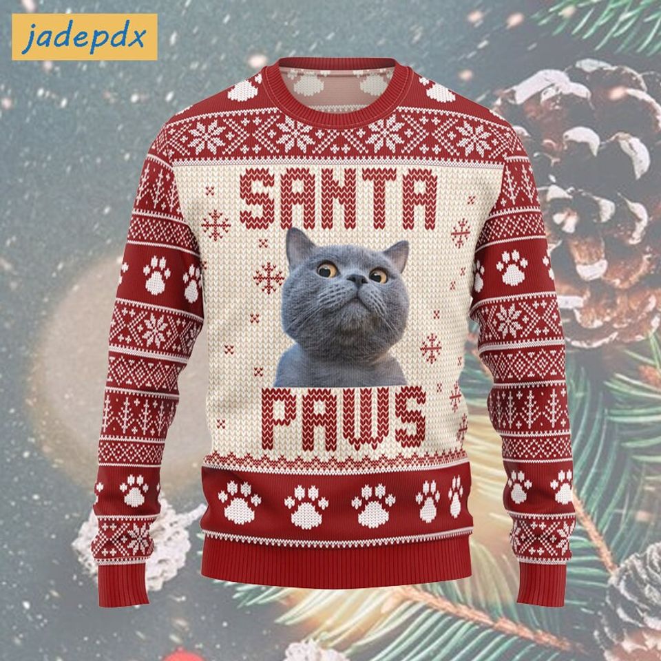 Cat I Believe In Santa Paws Ugly Christmas Sweater