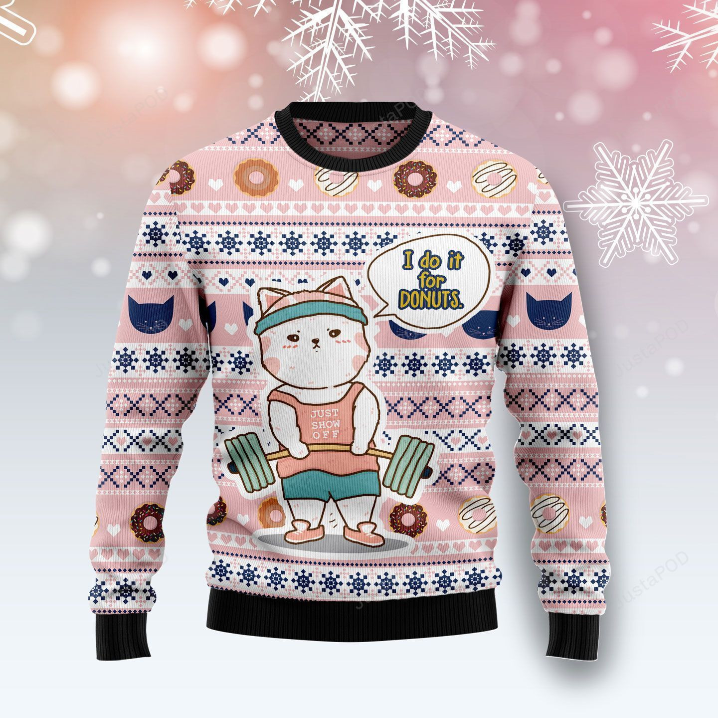 Cat I Do It For Donuts Ugly Christmas Sweater Adult 3D Funny Matching for family