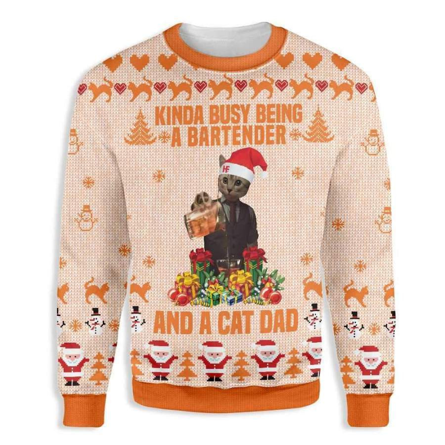 Cat Kinda Busy Being A Bartender Ugly Christmas Sweater Adult 3D Funny Matching for family