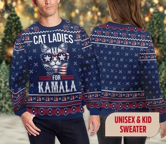 Cat Ladies For Kamala Ugly Christmas Sweater, Merry Harrismas Ugly Sweater - Image 6