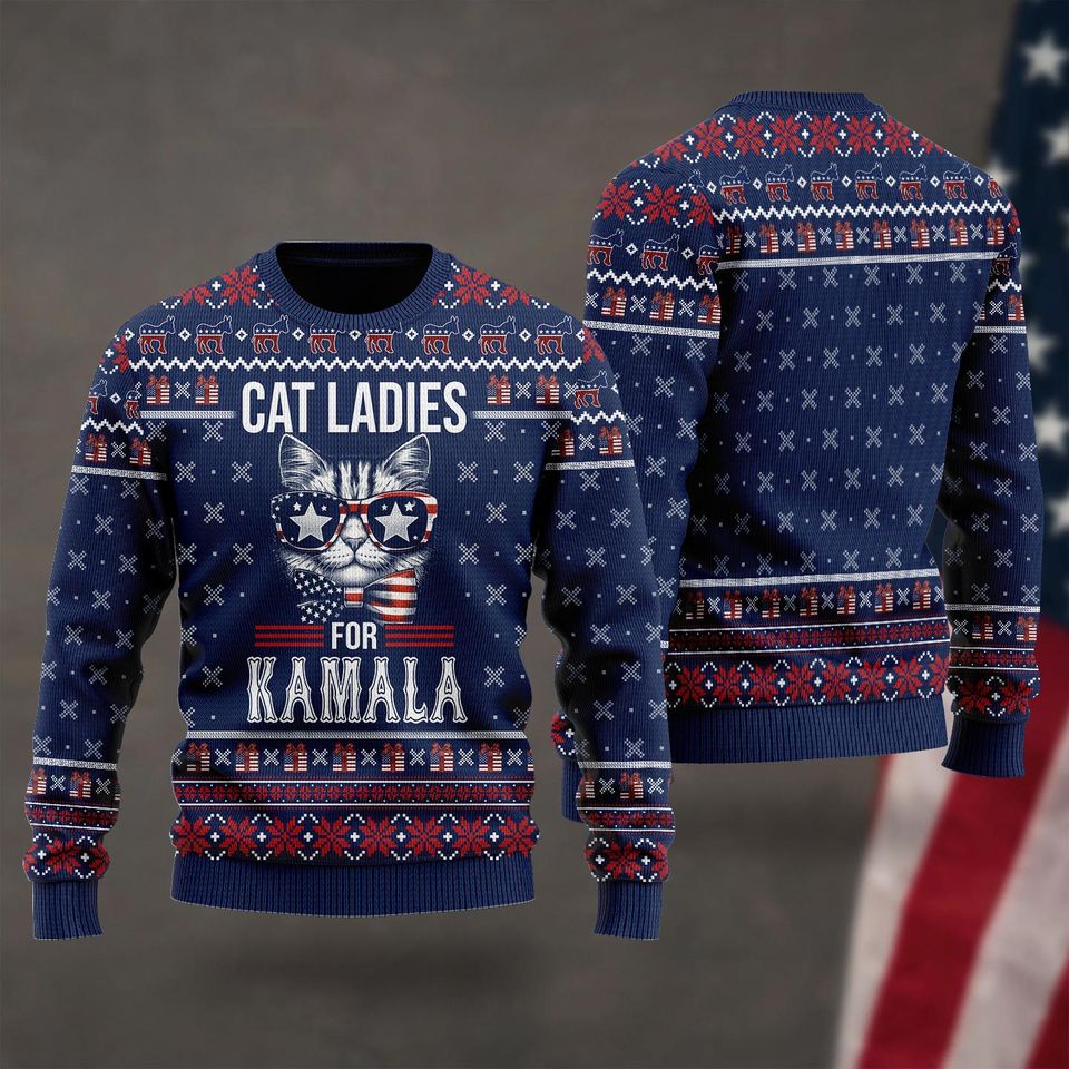 Cat Ladies For Kamala Ugly Christmas Sweater, Merry Harrismas Ugly Sweater - Image 3