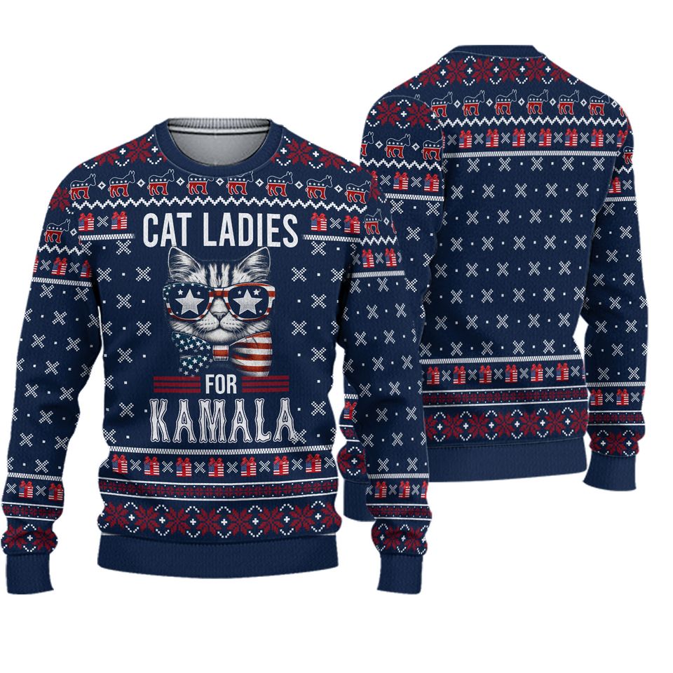 Cat Ladies For Kamala Ugly Christmas Sweater, Merry Harrismas Ugly Sweater