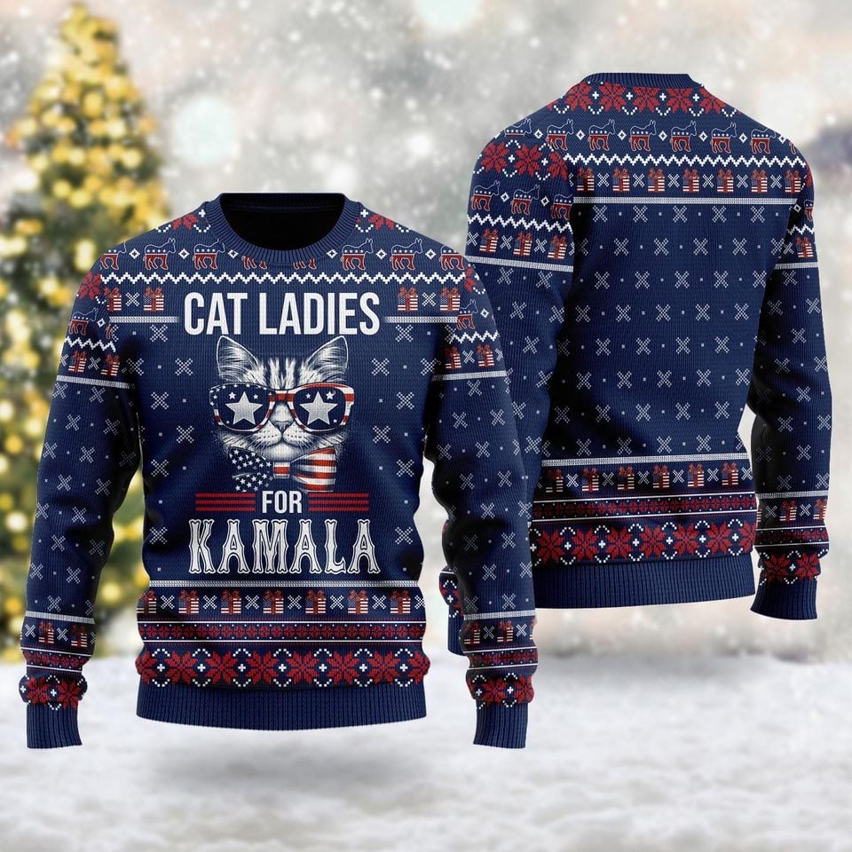 Cat Ladies For Kamala Ugly Christmas Sweater, Merry Harrismas Ugly Sweater