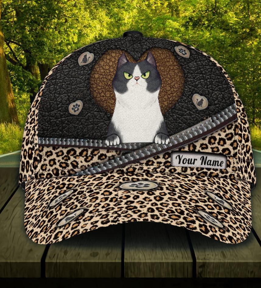 Cat Leopard Print Personalized Classic Cap, Personalized Gift for Cat Lovers, Cat Mom, Cat Dad Trucker Hats Custom Hats Gifts For Men & Women