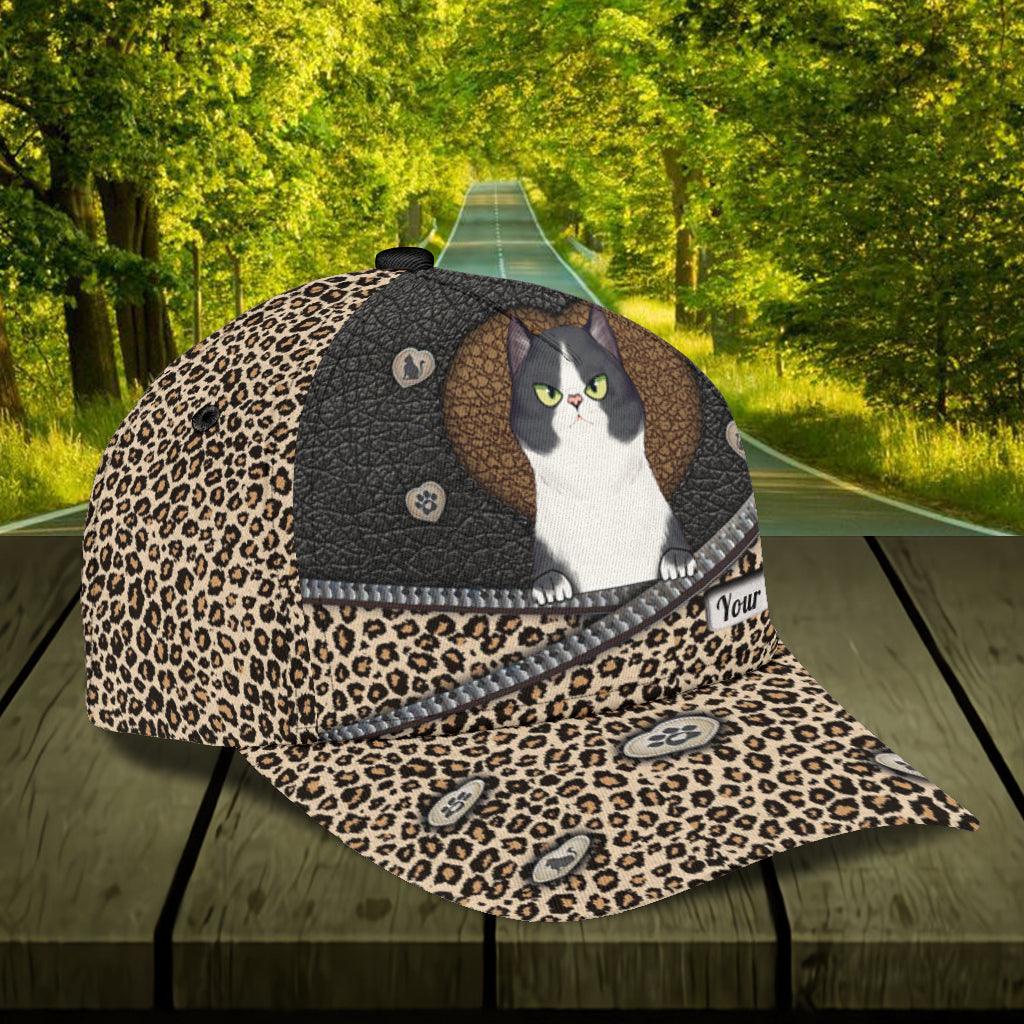 Cat Leopard Print Personalized Classic Cap, Personalized Gift for Cat Lovers, Cat Mom, Cat Dad Trucker Hats Custom Hats Gifts For Men & Women