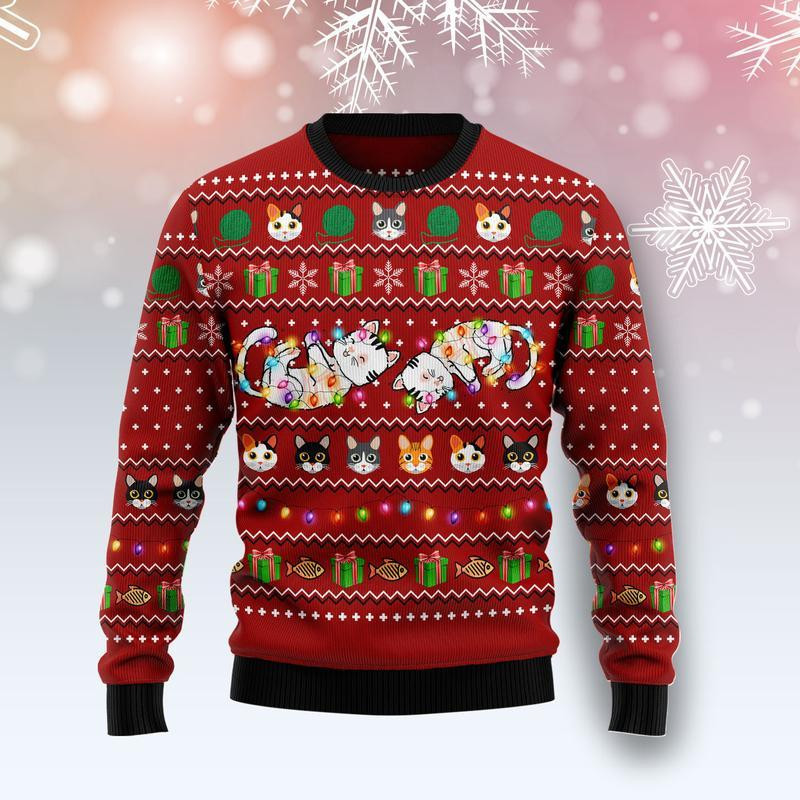 Cat Light Ugly Christmas Sweater Adult 3D Funny Matching for family
