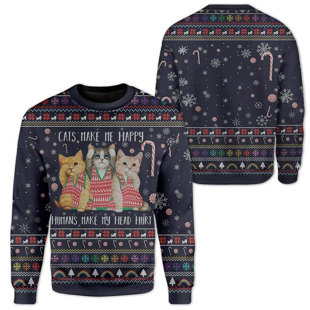 Cat Make Me Happy Ugly Christmas Sweater Adult 3D Funny Matching for family