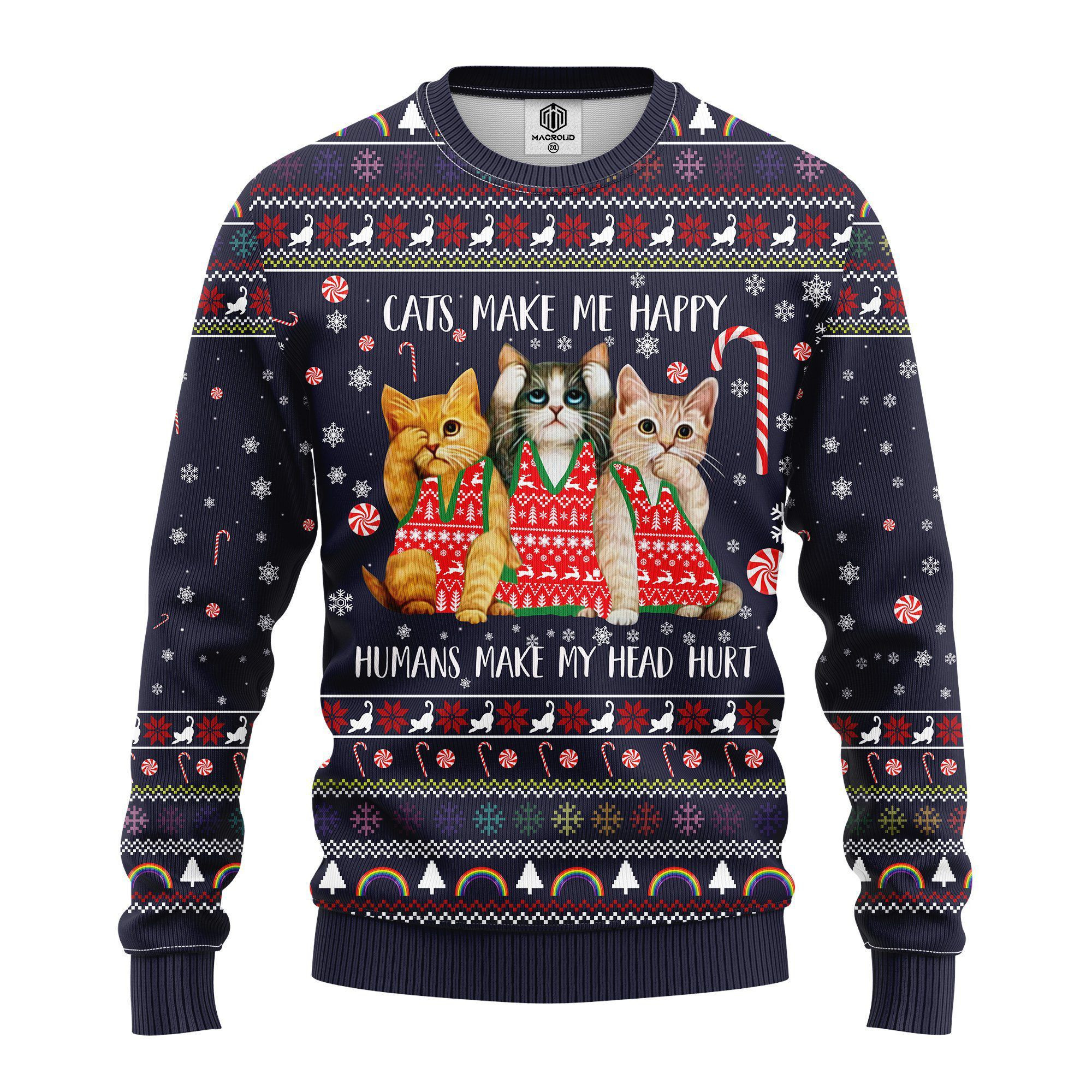 Cat Make Me Happy Ugly Christmas Sweater Adult 3D Funny Matching for family
