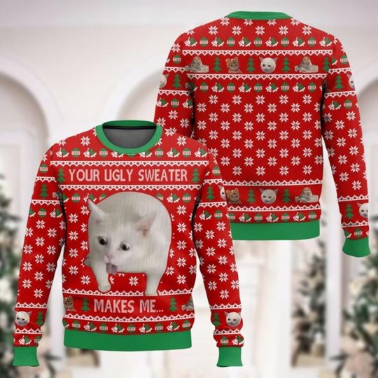 Cat Meme Ugly Christmas Sweater, Meowy Christmas Sweatshirt - Image 9