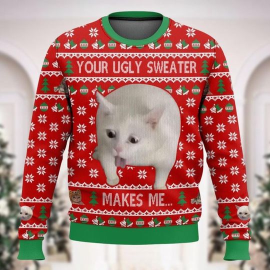 Cat Meme Ugly Christmas Sweater, Meowy Christmas Sweatshirt - Image 10