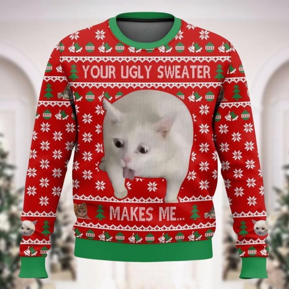 Cat Meme Ugly Christmas Sweater, Meowy Christmas Sweatshirt - Image 3