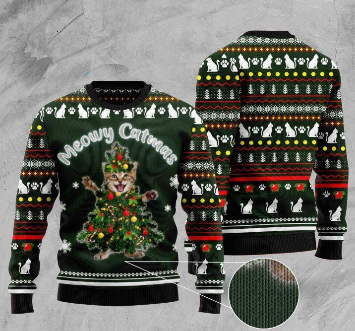 Cat Meowy Pattern Ugly Christmas Sweater Adult 3D Funny Matching for family