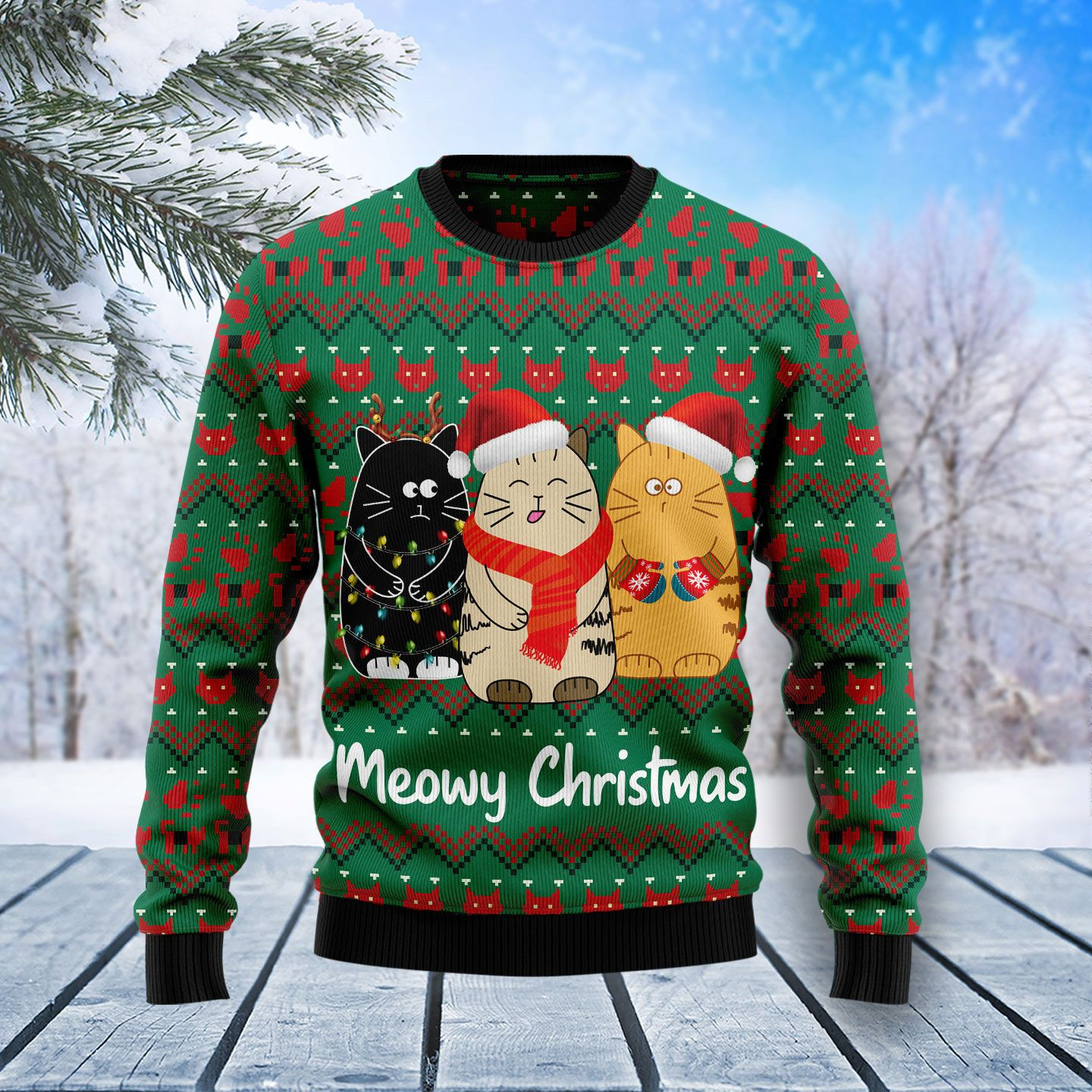 Cat Meowy Ugly Christmas Sweater Adult 3D Funny Matching for family