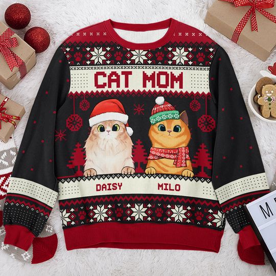 Cat Mom Cat Dad Merry Christmas Personalized Custom Unisex Ugly Xmas Gift Wool Sweatshirt - Image 4