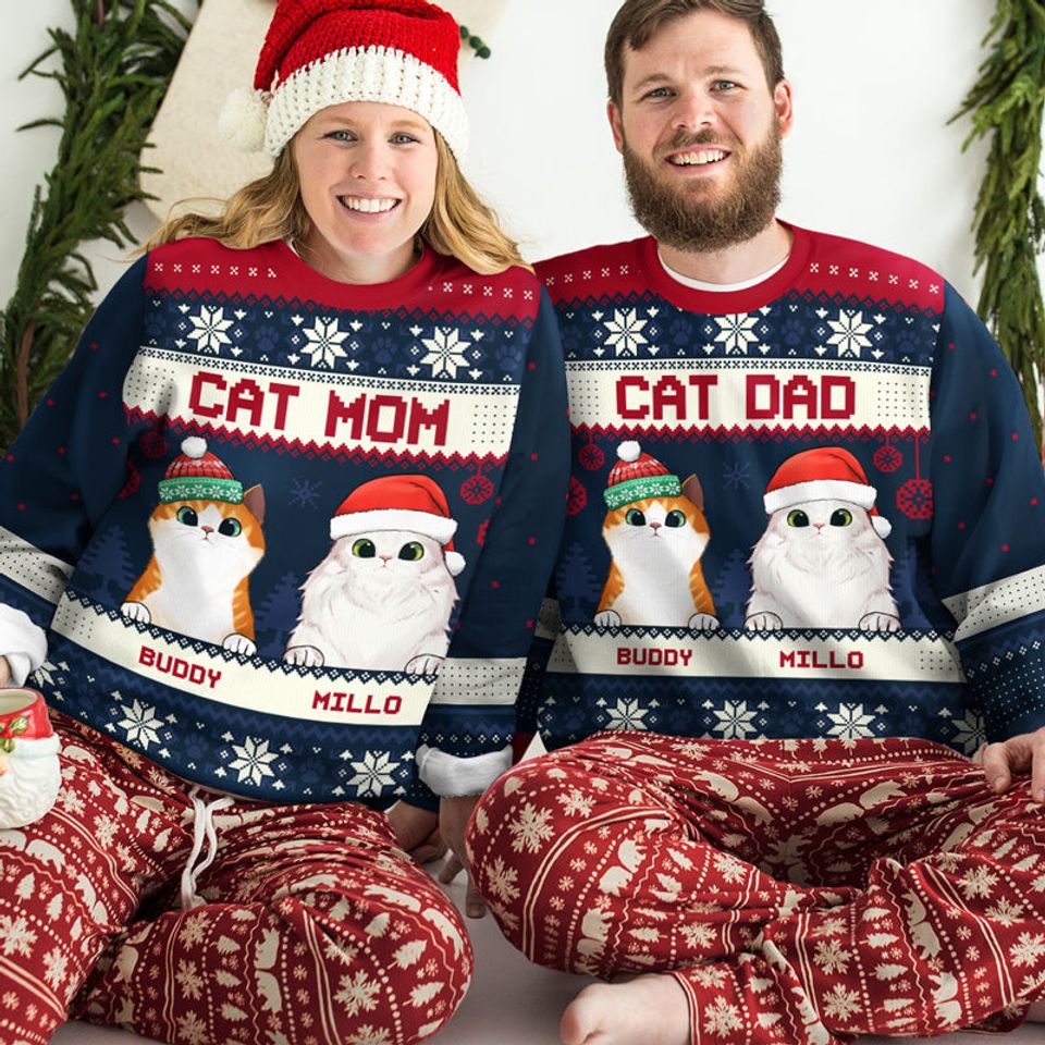 Cat Mom Cat Dad Merry Christmas Personalized Custom Unisex Ugly Xmas Gift Wool Sweatshirt - Image 3