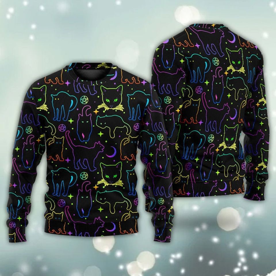 Cat Neon Colorful Playing With Kitten Magical Ugly Christmas Sweater
