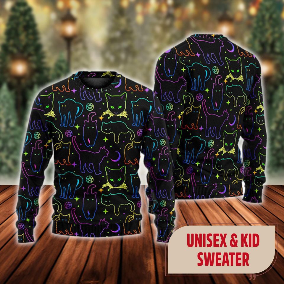 Cat Neon Playing With Magical Ugly Christmas Sweater, Cat Neon Light Xmas