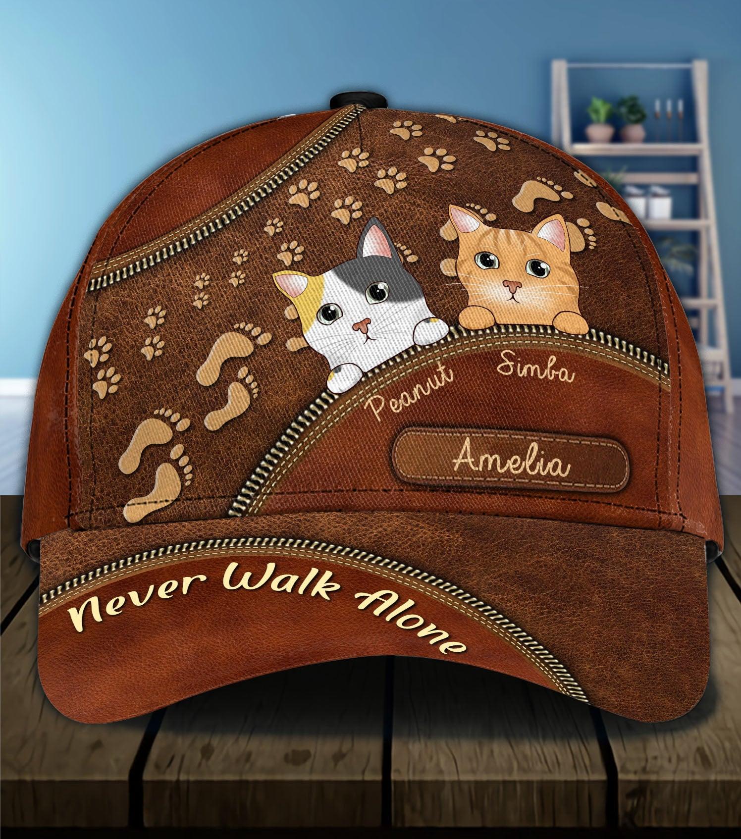 Cat Never Walk Alone Personalized Classic Cap, Personalized Gift for Cat Lovers, Cat Mom, Cat Dad Trucker Hats Custom Hats Gifts For Men & Women