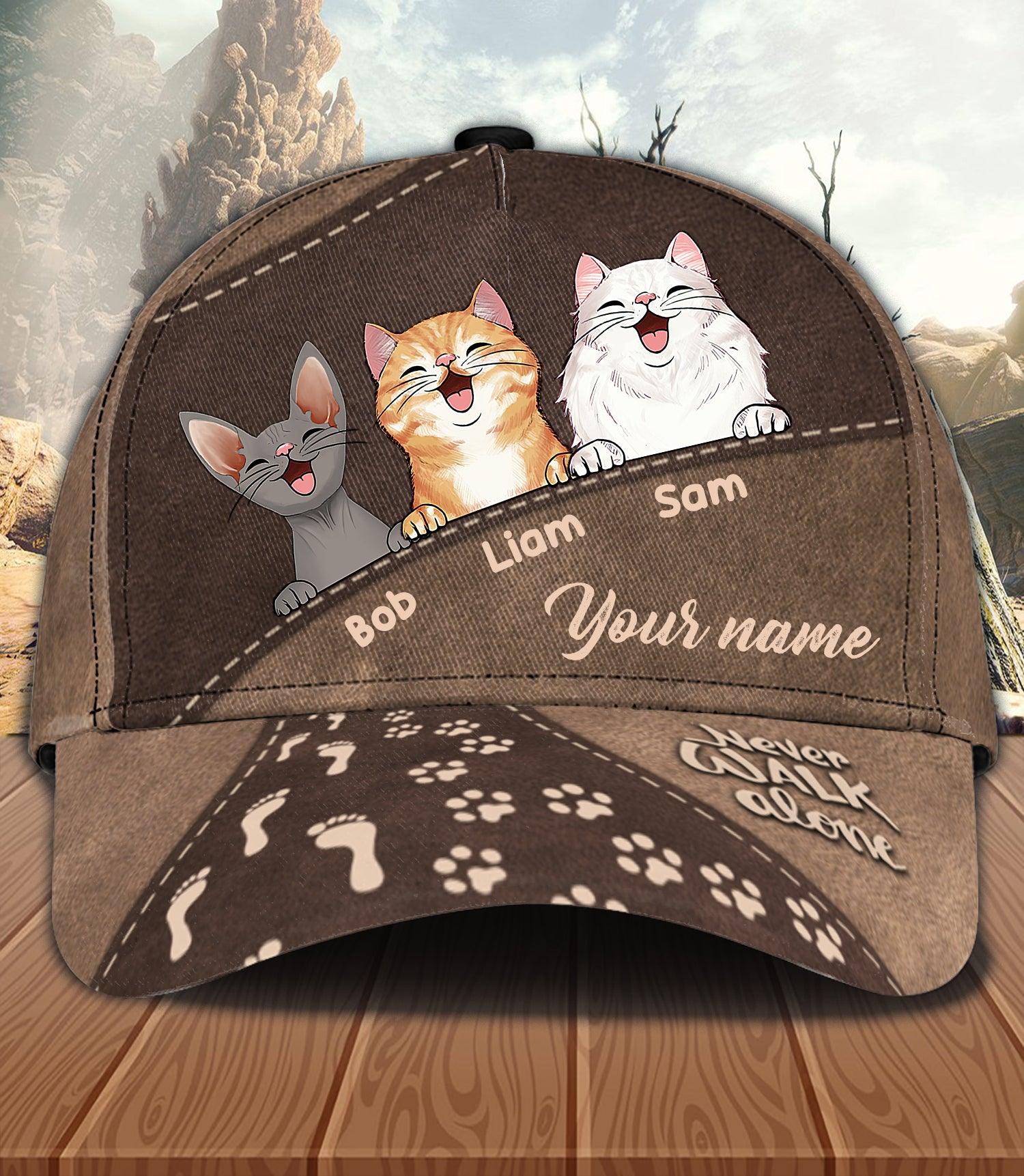 Cat Never Walk Alone Personalized Classic Cap, Personalized Gift for Cat Lovers, Cat Mom, Cat Dad Trucker Hats Custom Hats Gifts For Men & Women