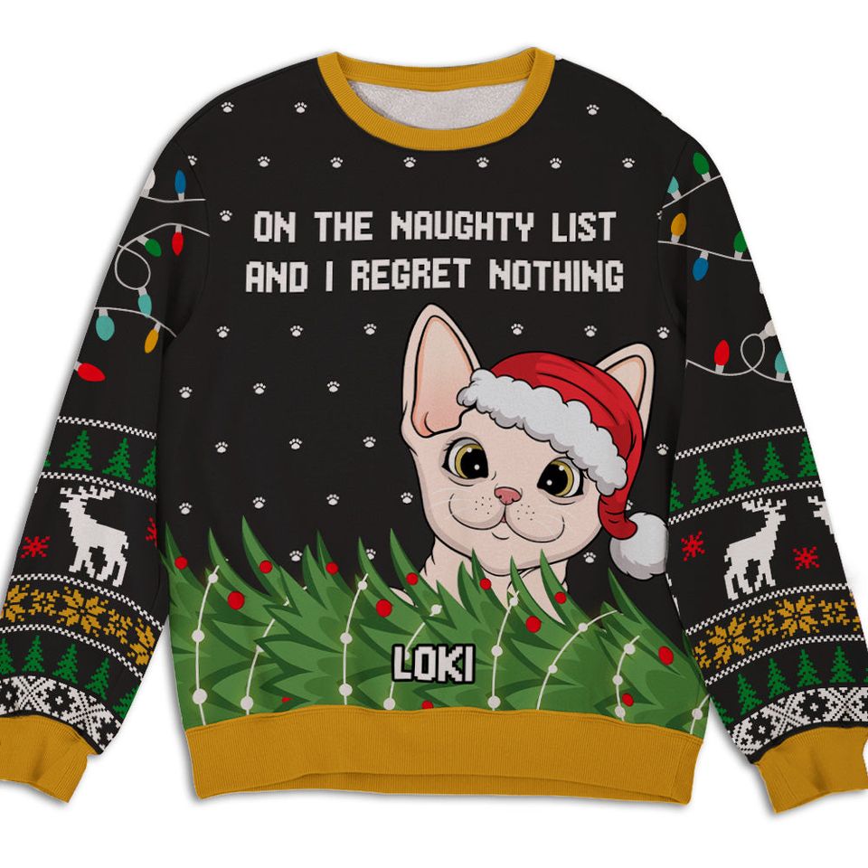Cat On Naughty List Personalized Custom Pet Parent Christmas Ugly Sweatshirt