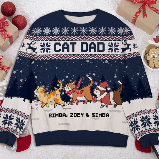 Cat Parents Christmas Snowy Personalized Pet Lover Custom Ugly Sweatshirt - Image 6
