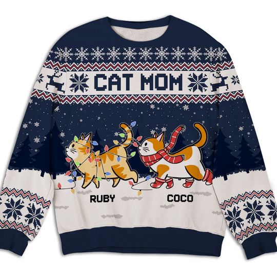Cat Parents Christmas Snowy Personalized Pet Lover Custom Ugly Sweatshirt - Image 4