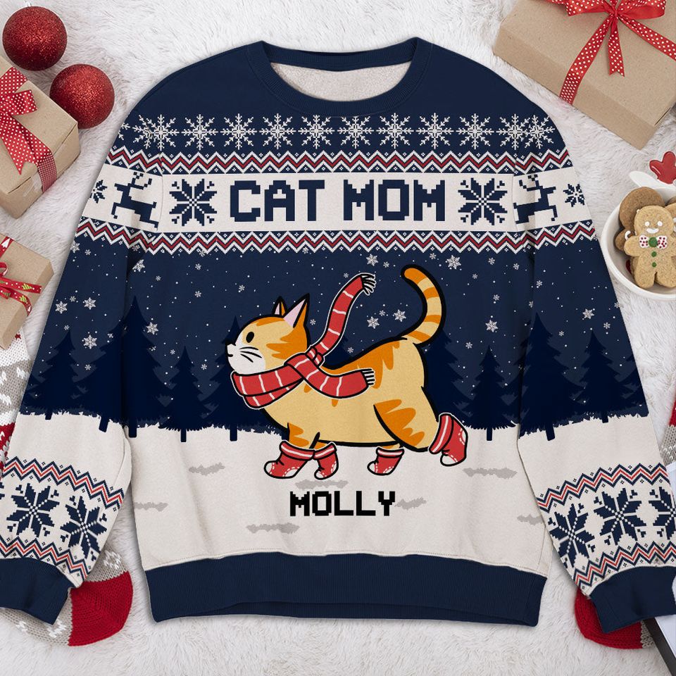 Cat Parents Christmas Snowy Personalized Pet Lover Custom Ugly Sweatshirt - Image 2