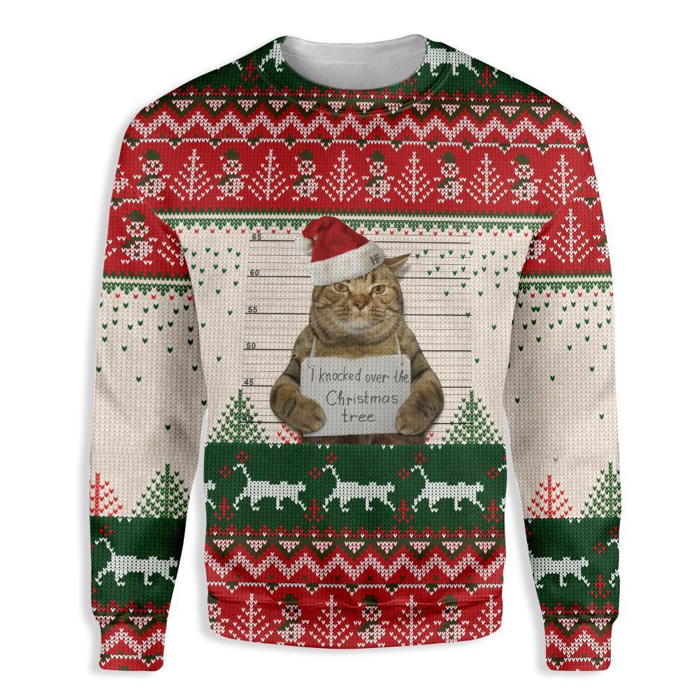 Cat Prisoner I Knocked Over The Christmas Tree Ugly Christmas Sweater Adult 3D Funny Matching for family