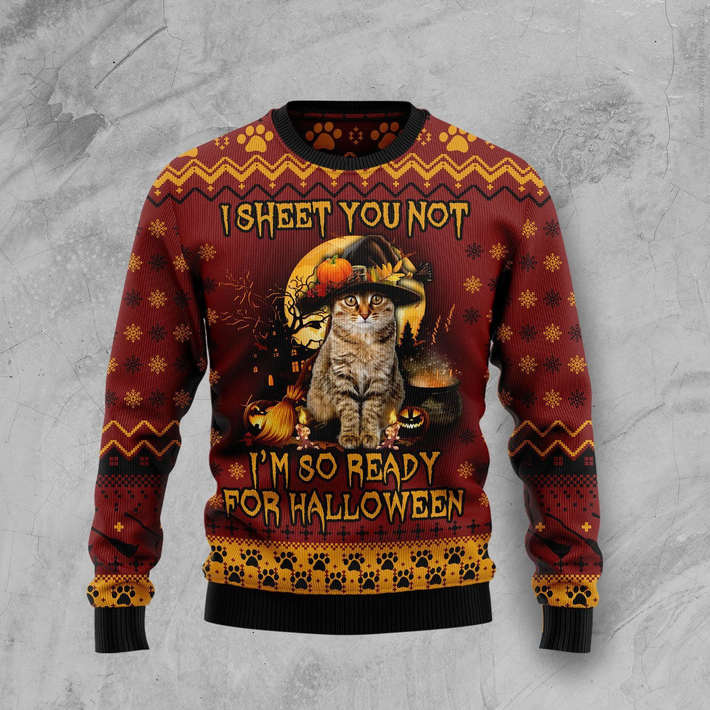 Cat Ready For Halloween Ugly Christmas Sweater Adult 3D Funny Matching for family