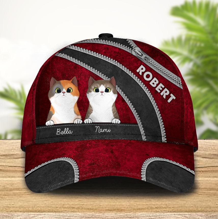 Cat Red Black Zippers Personalized Cap, Personalized Gift for Cat Lovers, Cat Mom, Cat Dad Trucker Hats Custom Hats Gifts For Men & Women